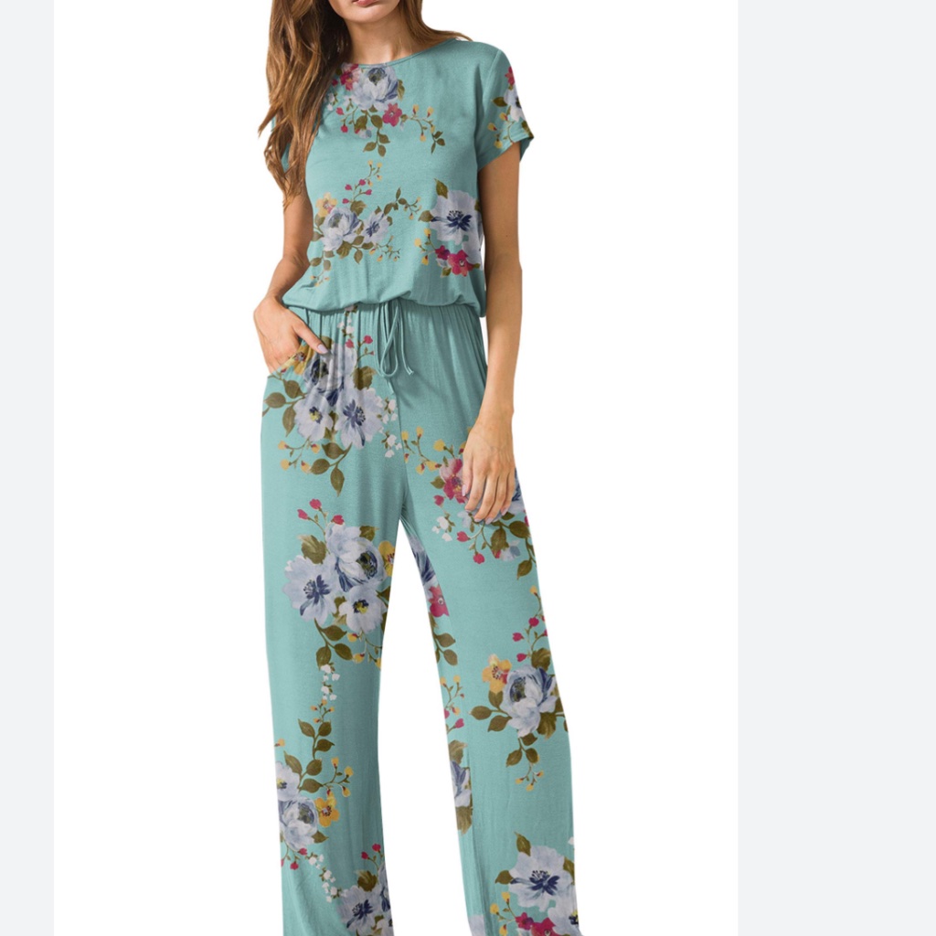 Sale - Floral Jumpsuit In Teal, Size Medium